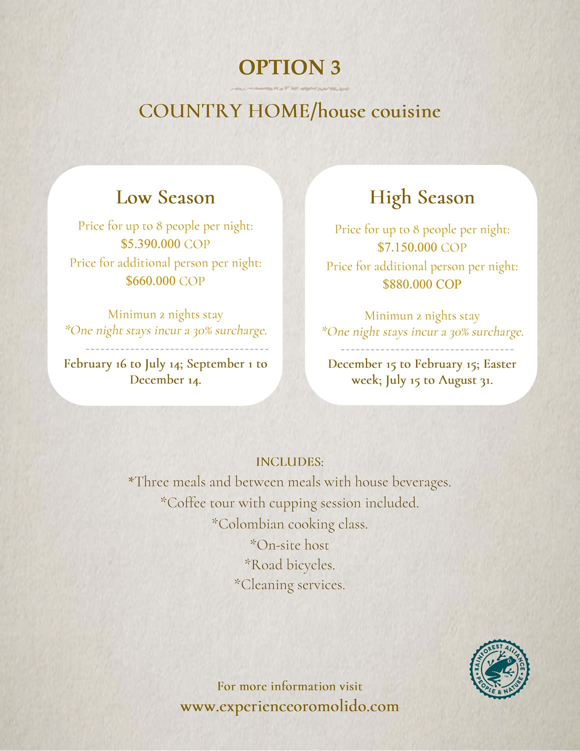 Option 3 - Country Home, home cuisine